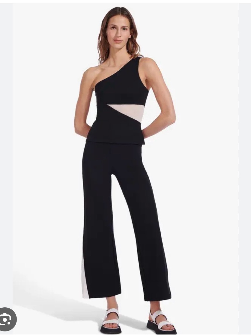 STAUD Black and White One-Shoulder Wide-Leg Set with White Mesh Insets